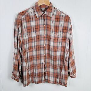 Max Studio Women's Button Front Shirt Roll Tab Sleeve Rust‎ Plaid Size Small